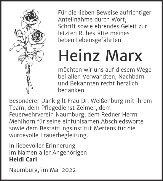 Traueranzeige von Heinz Marx von Wochenspiegel Naumburg/Nebra