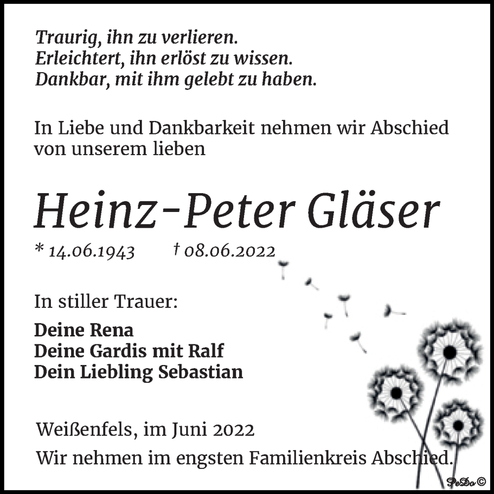  Traueranzeige für Heinz-Peter Gläser vom 22.06.2022 aus Trauerkombi Weißenfels