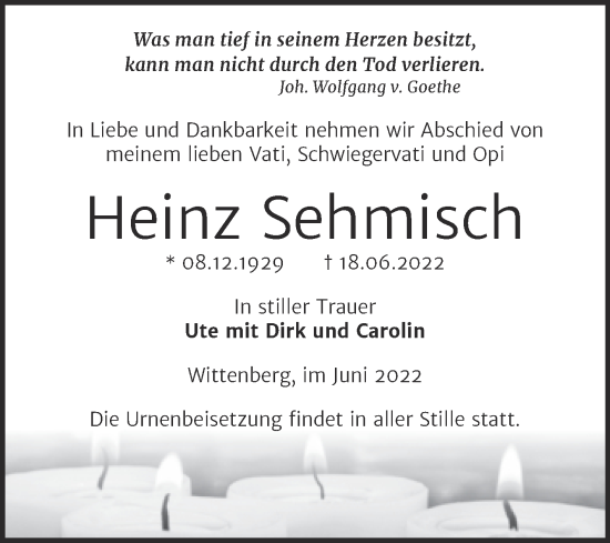 Traueranzeige von Heinz Sehmisch von Trauerkombi Wittenberg