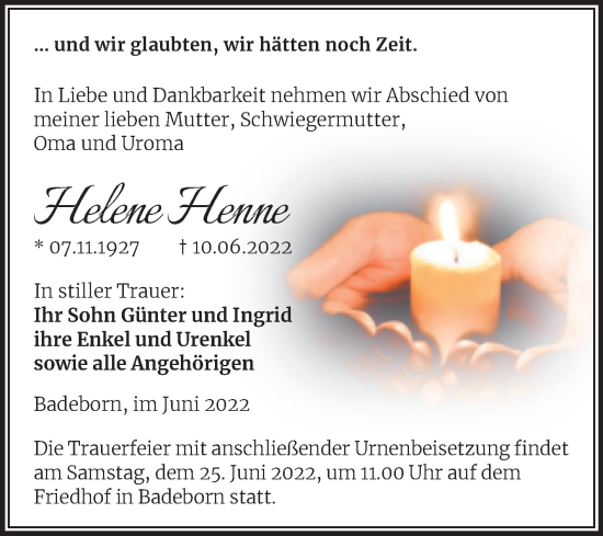 Traueranzeige von Helene Henne von Trauerkombi Aschersleben