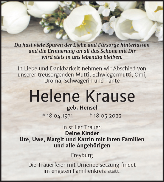 Traueranzeige von Helene Krause von Wochenspiegel Naumburg/Nebra