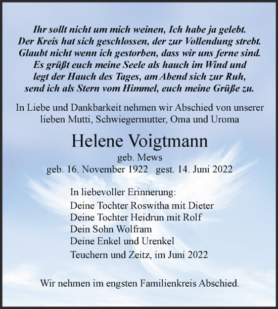 Traueranzeige von Helene Voigtmann von Trauerkombi Weißenfels
