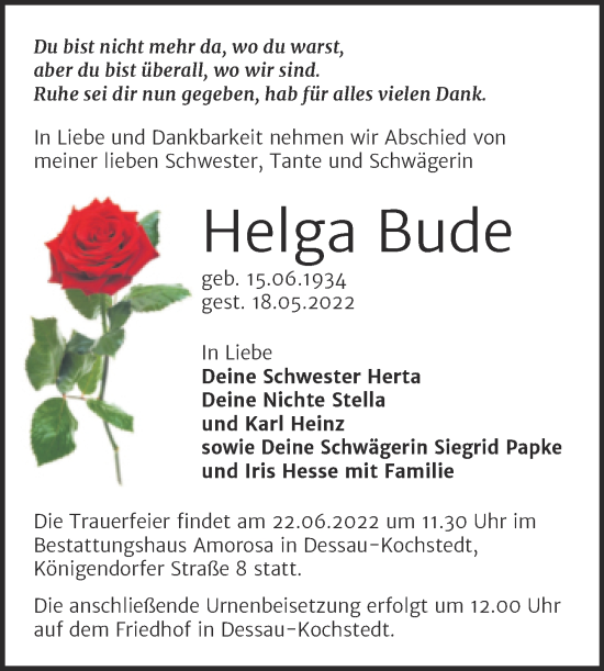 Traueranzeige von Helga Bude von Trauerkombi Dessau