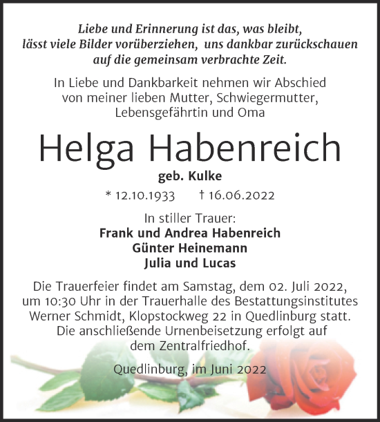 Traueranzeige von Helga Habenreich von Trauerkombi Quedlinburg