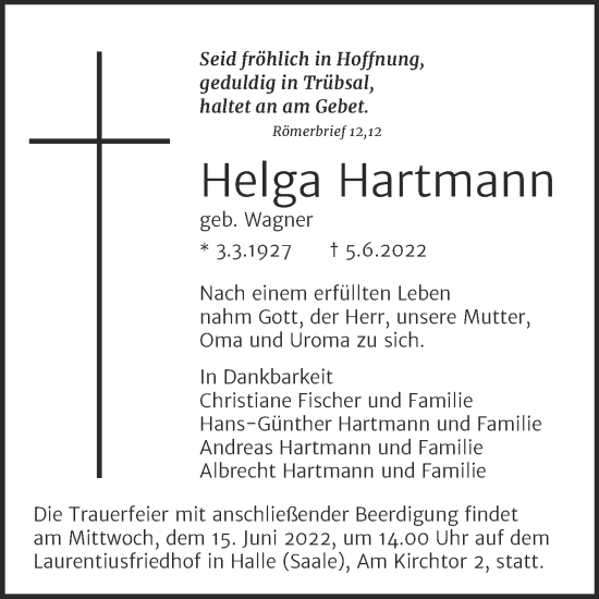 Traueranzeige von Helga Hartmann von Mitteldeutsche Zeitung Halle/Saalkreis
