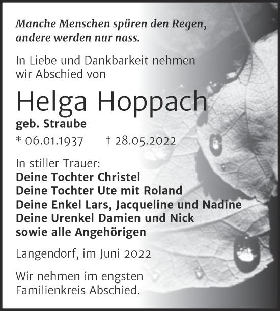 Traueranzeige von Helga Hoach von Trauerkombi Weißenfels