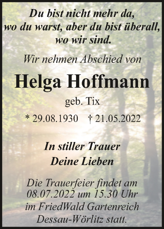 Traueranzeige von Helga Hoffmann von Trauerkombi Dessau