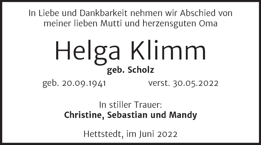  Traueranzeige für Helga Klimm vom 08.06.2022 aus Trauerkombi Mansfelder Land