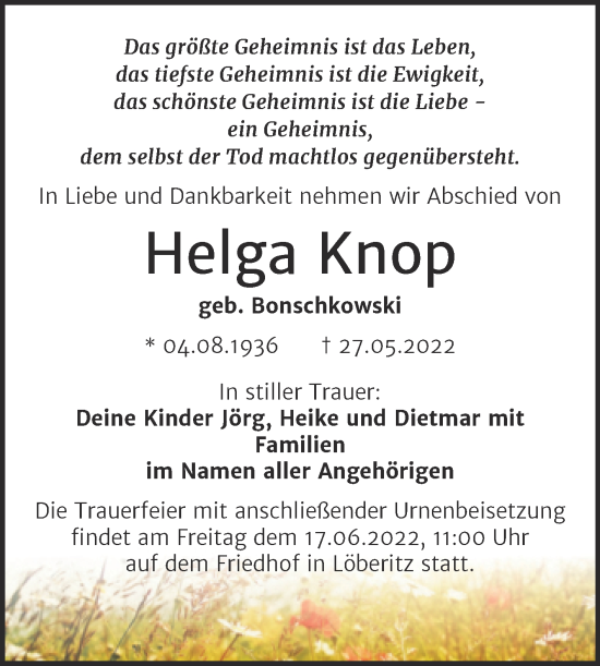 Traueranzeige von Helga Knop von Trauerkombi Bitterfeld