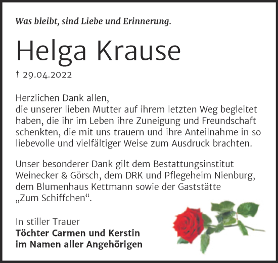 Traueranzeige von Helga Krause von Trauerkombi Bernburg