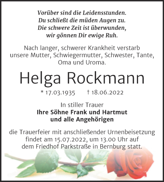 Traueranzeige von Helga Rockmann von Trauerkombi Bernburg