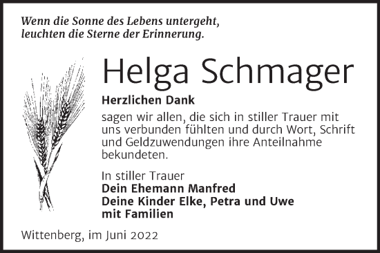 Traueranzeige von Helga Schmager von Trauerkombi Wittenberg