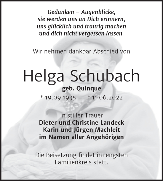 Traueranzeige von Helga Schubach von Trauerkombi Sangerhausen