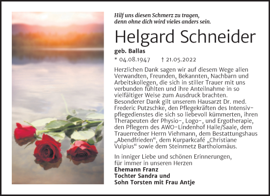 Traueranzeige von Helgard Schneider von Trauerkombi Merseburg