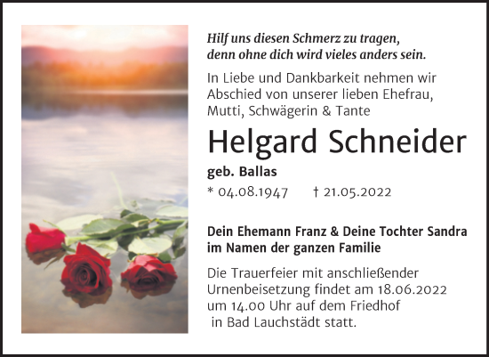 Traueranzeige von Helgard Schneider von Trauerkombi Merseburg