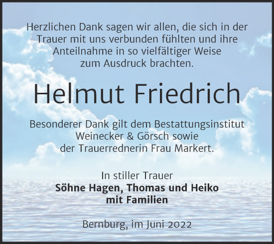 Traueranzeige von Helmut Friedrich von Trauerkombi Bernburg