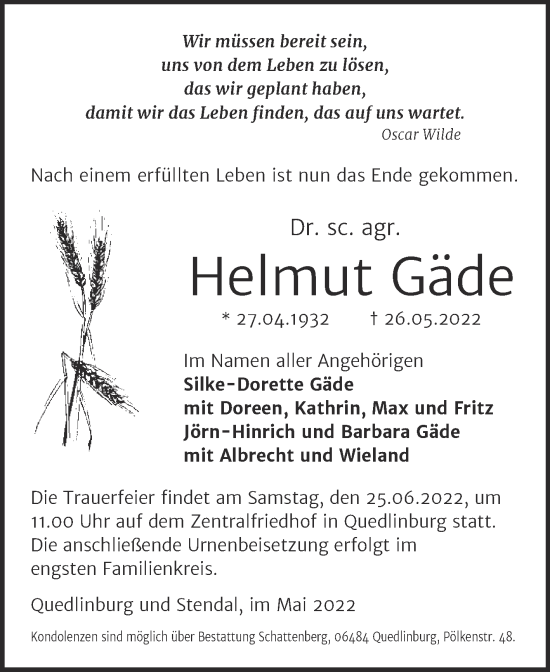 Traueranzeige von Helmut Gäde von Trauerkombi Quedlinburg