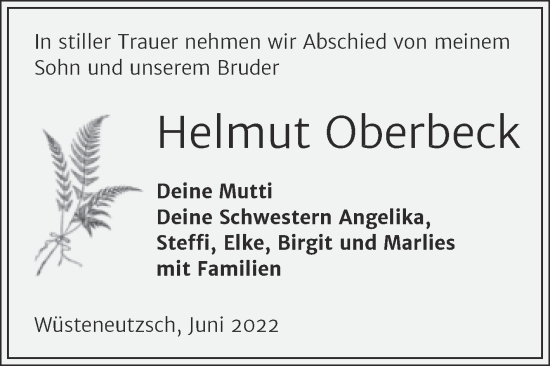 Traueranzeige von Helmut Oberbeck von Trauerkombi Merseburg