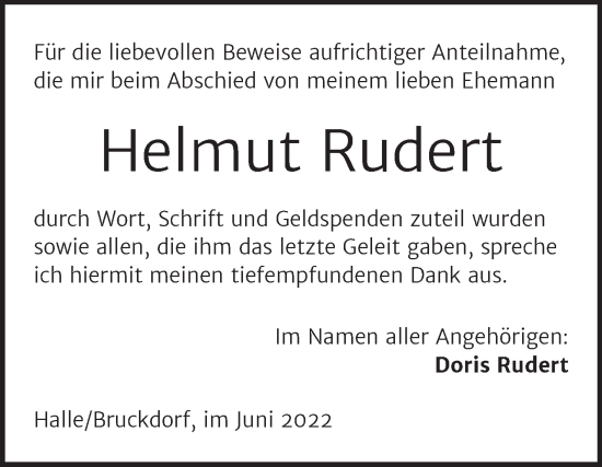 Traueranzeige von Helmut Rudert von Mitteldeutsche Zeitung Halle/Saalkreis