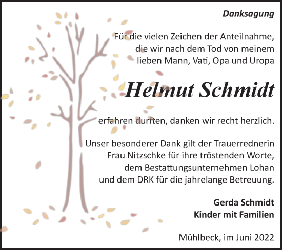 Traueranzeige von Helmut Schmidt von Trauerkombi Bitterfeld