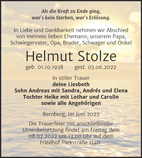 Traueranzeige von Helmut Stolze von Trauerkombi Bernburg