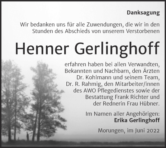 Traueranzeige von Henner Gerlinghoff von Trauerkombi Sangerhausen