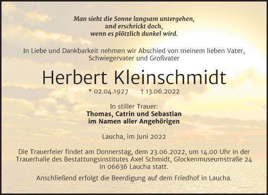 Traueranzeige von Herbert Kleinschmidt von Naumburger Tageblatt