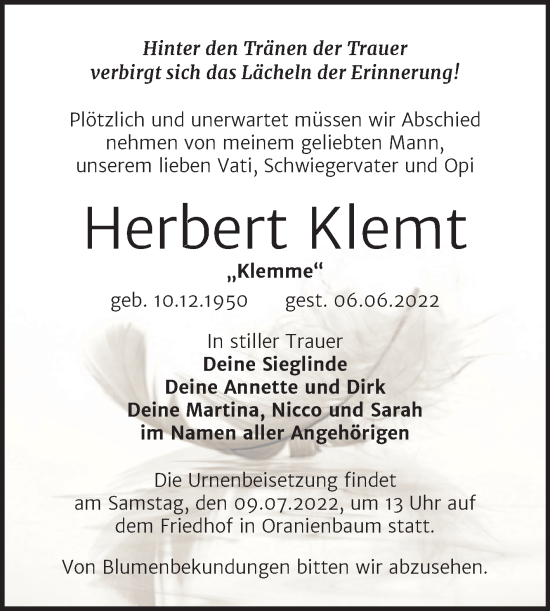 Traueranzeige von Herbert Klemt von Trauerkombi Wittenberg