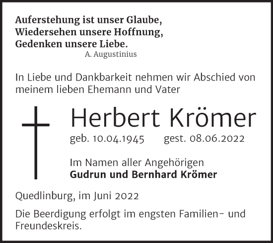 Traueranzeige von Herbert Krömer von Trauerkombi Quedlinburg