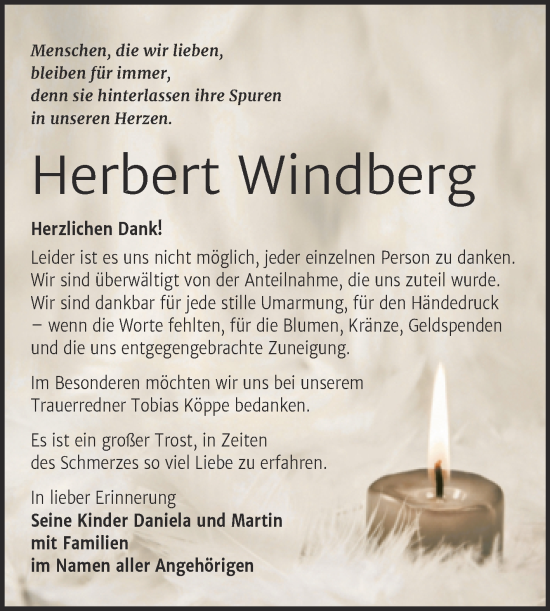 Traueranzeige von Herbert Windberg von Trauerkombi Bitterfeld