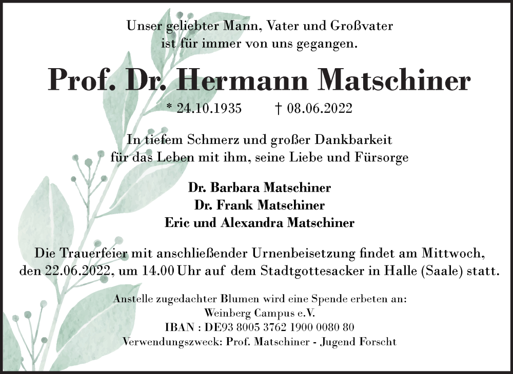  Traueranzeige für Hermann Matschiner vom 18.06.2022 aus Mitteldeutsche Zeitung Halle/Saalkreis