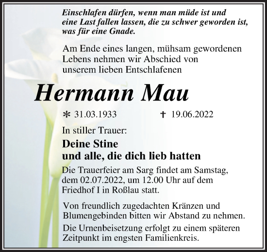 Traueranzeige von Hermann Mau von Trauerkombi Dessau