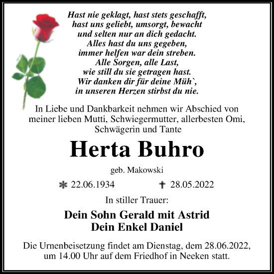 Traueranzeige von Herta Buhro von Trauerkombi Dessau