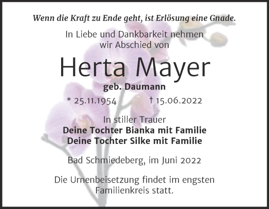 Traueranzeige von Herta Mayer von Trauerkombi Wittenberg