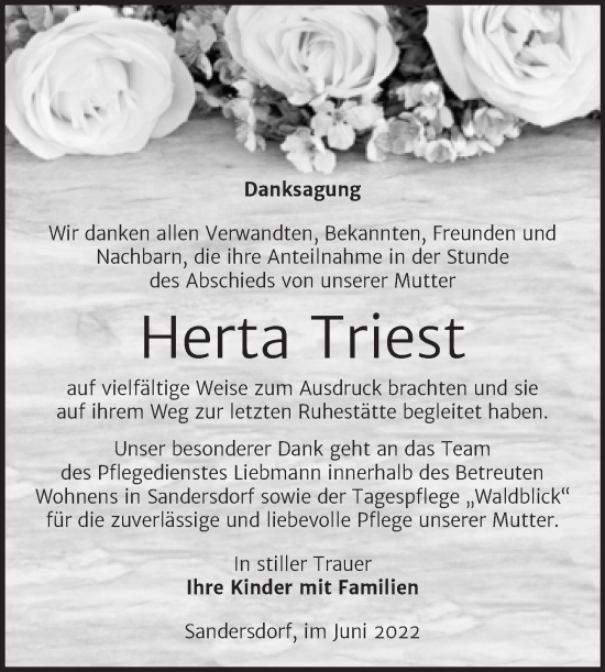 Traueranzeige von Herta Triest von Trauerkombi Bitterfeld