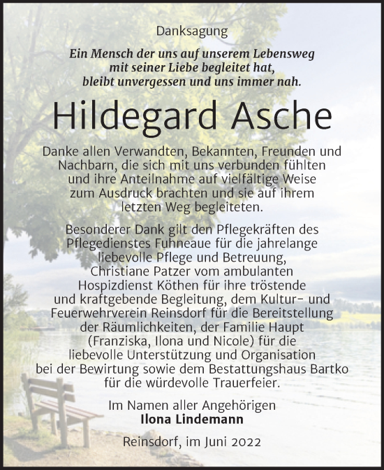 Traueranzeige von Hildegard Asche von Trauerkombi Köthen