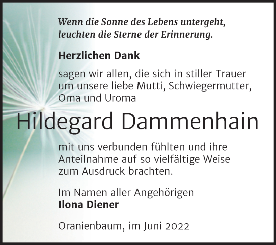 Traueranzeige von Hildegard Dammenhain von Trauerkombi Wittenberg