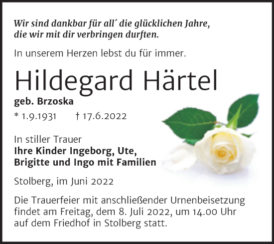 Traueranzeige von Hildegard Härtel von Trauerkombi Sangerhausen