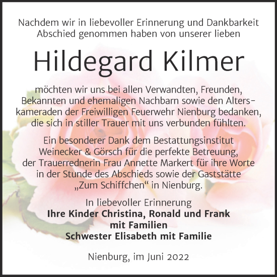 Traueranzeige von Hildegard Kilmer von Trauerkombi Bernburg