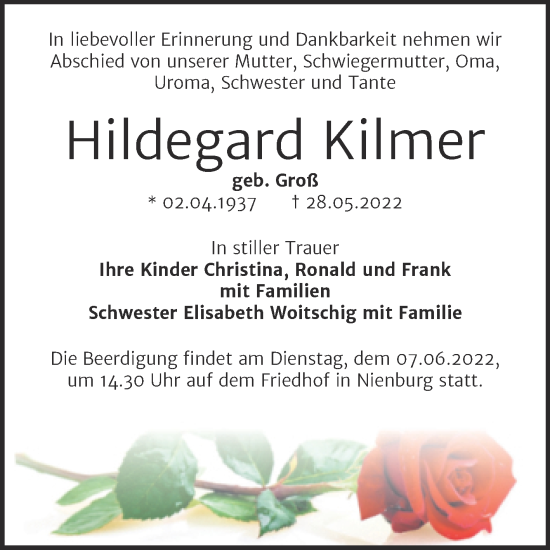 Traueranzeige von Hildegard Kilmer von Trauerkombi Bernburg