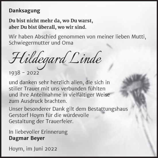 Traueranzeige von Hildegard Linde von Trauerkombi Aschersleben