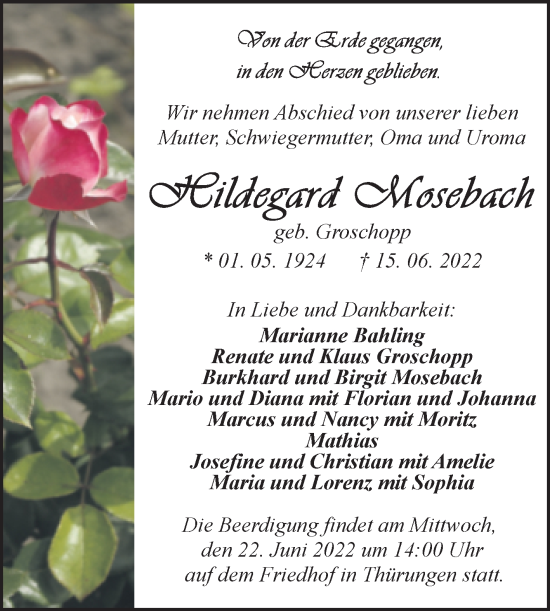 Traueranzeige von Hildegard Mosebach von Mitteldeutsche Zeitung Sangerhausen