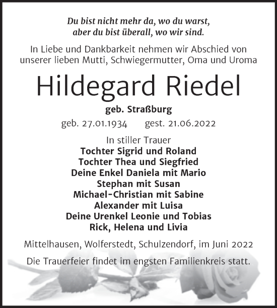 Traueranzeige von Hildegard Riedel von Trauerkombi Sangerhausen