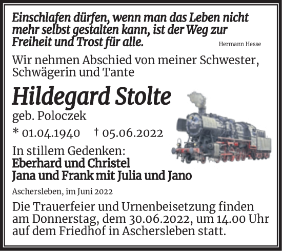 Traueranzeige von Hildegard Stolte von Trauerkombi Aschersleben