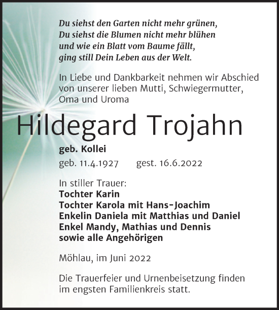 Traueranzeige von Hildegard Trojahn von Trauerkombi Wittenberg