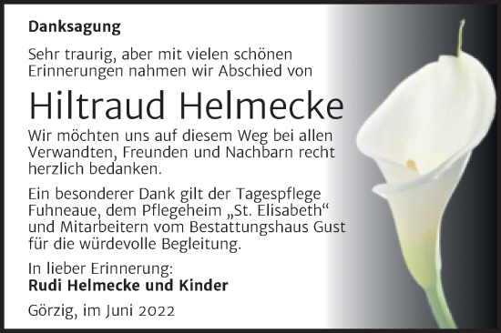 Traueranzeige von Hiltraud Helmecke von Trauerkombi Köthen