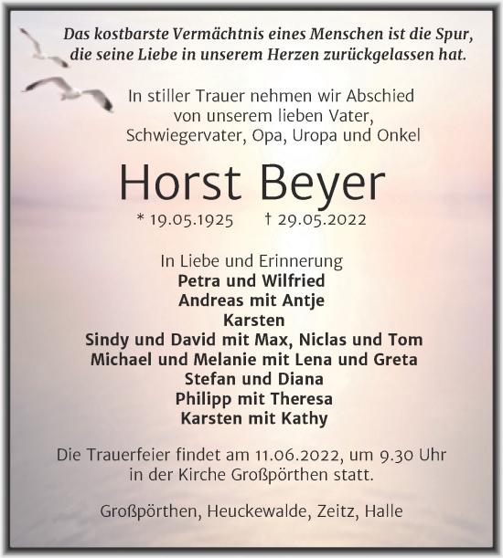 Traueranzeige von Horst Beyer von Trauerkombi Zeitz