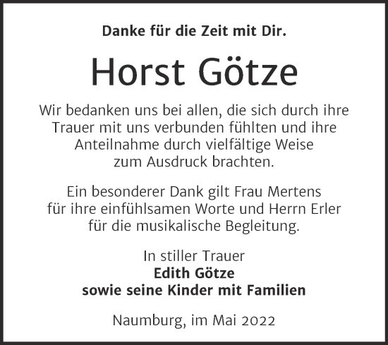 Traueranzeige von Horst Götze von Wochenspiegel Naumburg/Nebra