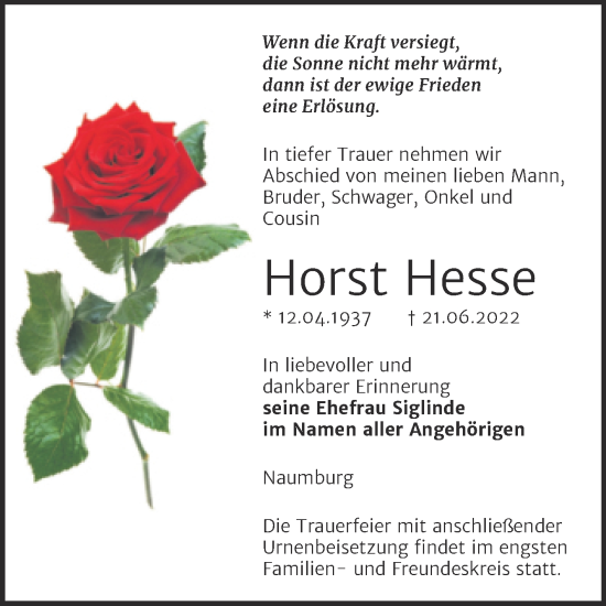 Traueranzeige von Horst Hesse von Wochenspiegel Naumburg/Nebra