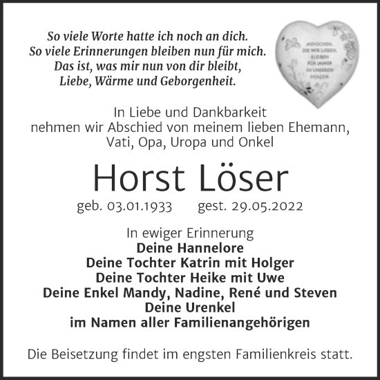 Traueranzeige von Horst Löser von Trauerkombi Zeitz